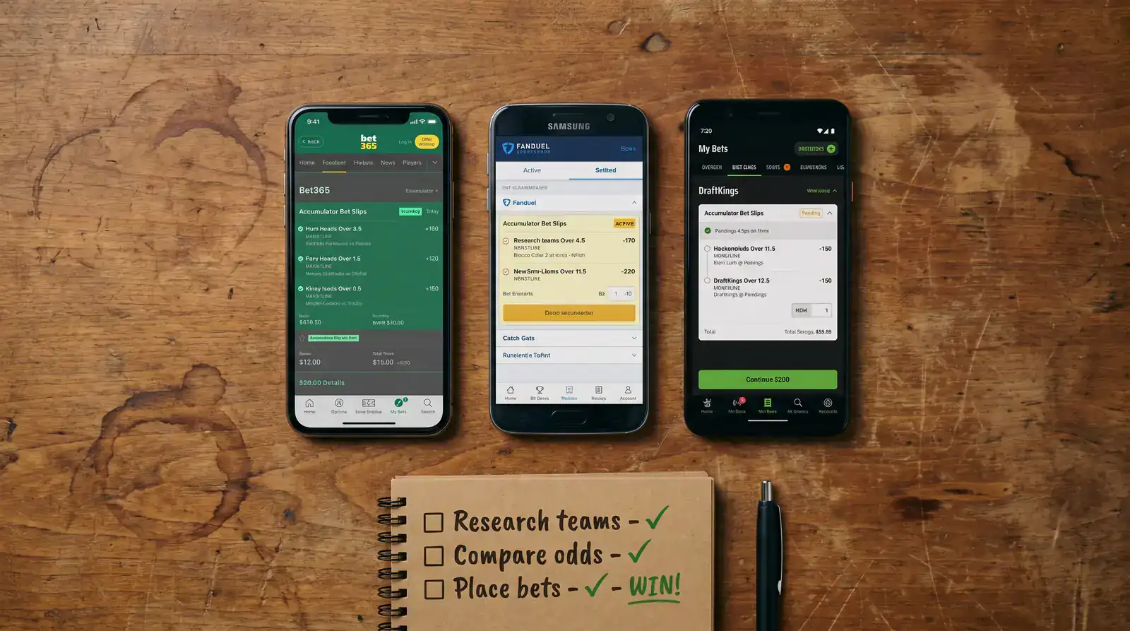 Multiple sportsbook apps open on a desk showing different accumulator odds for the same matches