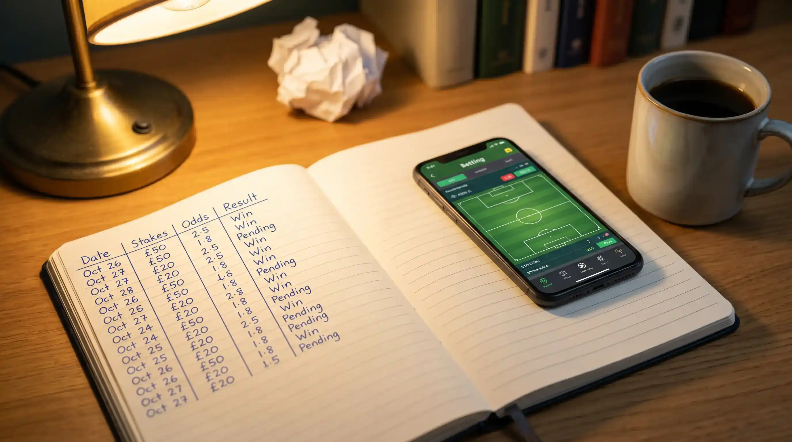 Notebook with staking records next to a smartphone showing a football betting app
