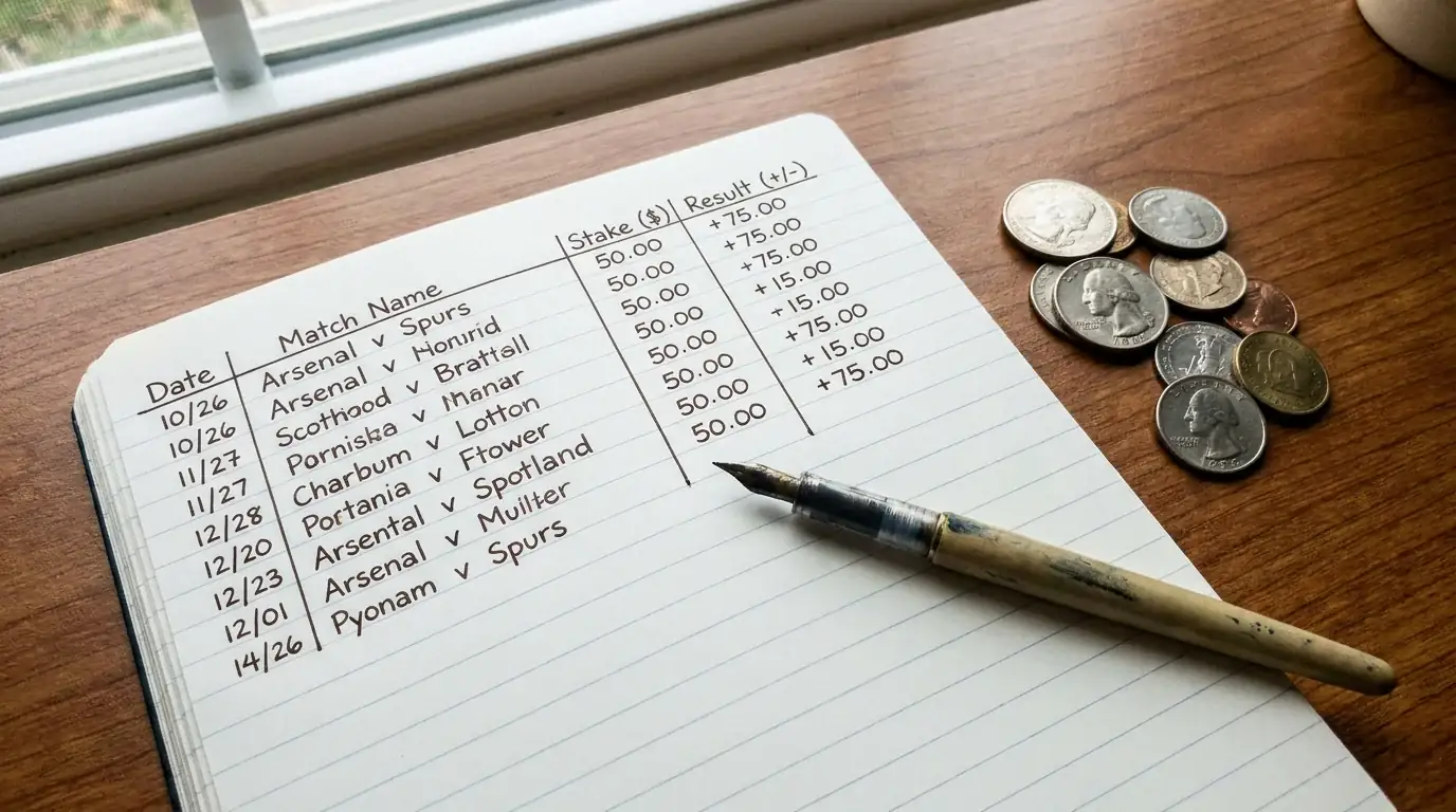 Bankroll management notebook with flat staking plan for beginner football bettor