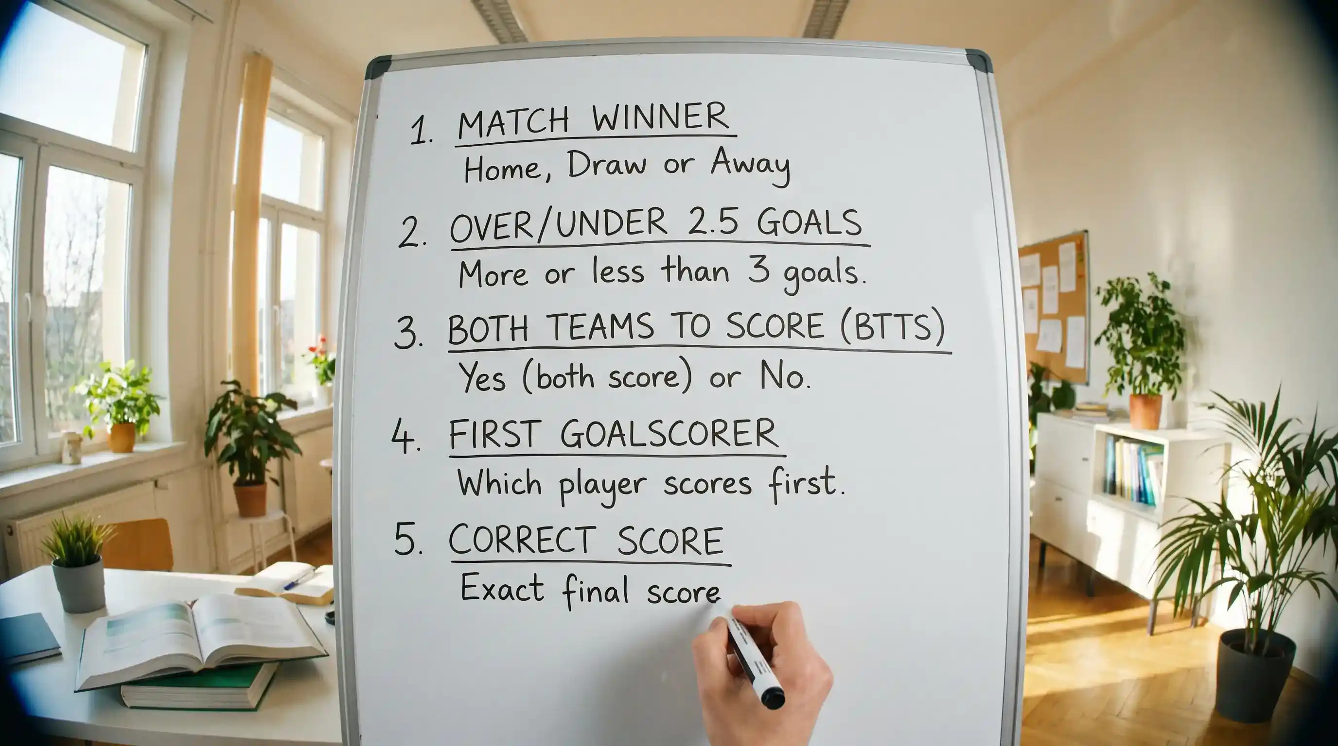 Five common football betting markets including match result and BTTS for beginners