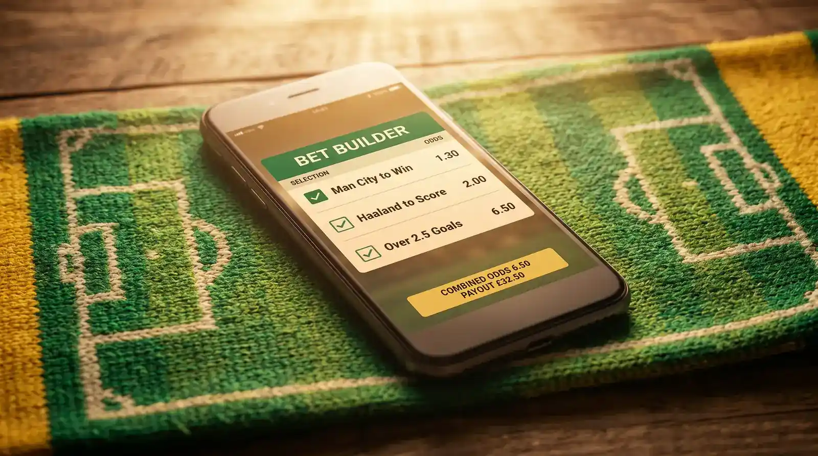 Close-up of a bet builder coupon on a mobile phone with football pitch in the background