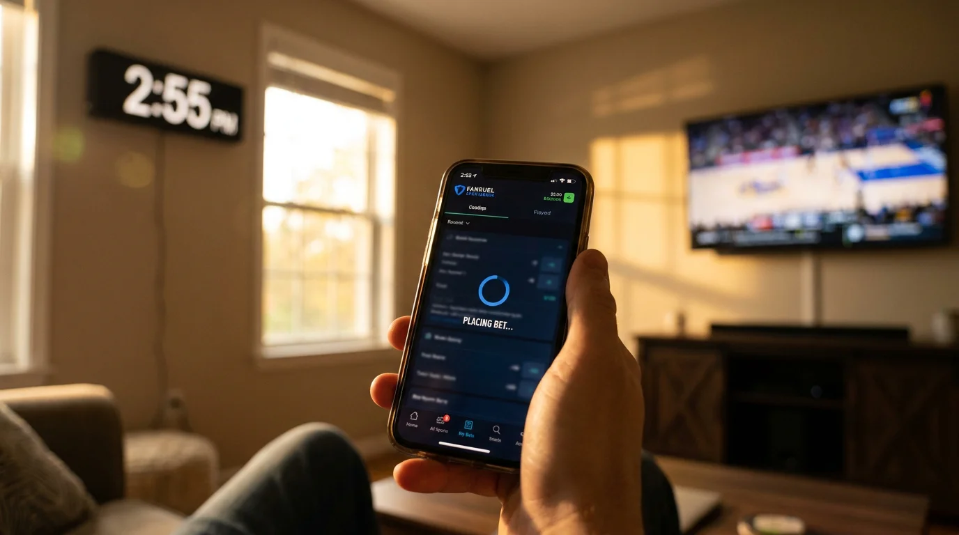 Smartphone loading a football betting app on a busy Saturday afternoon before kick-off