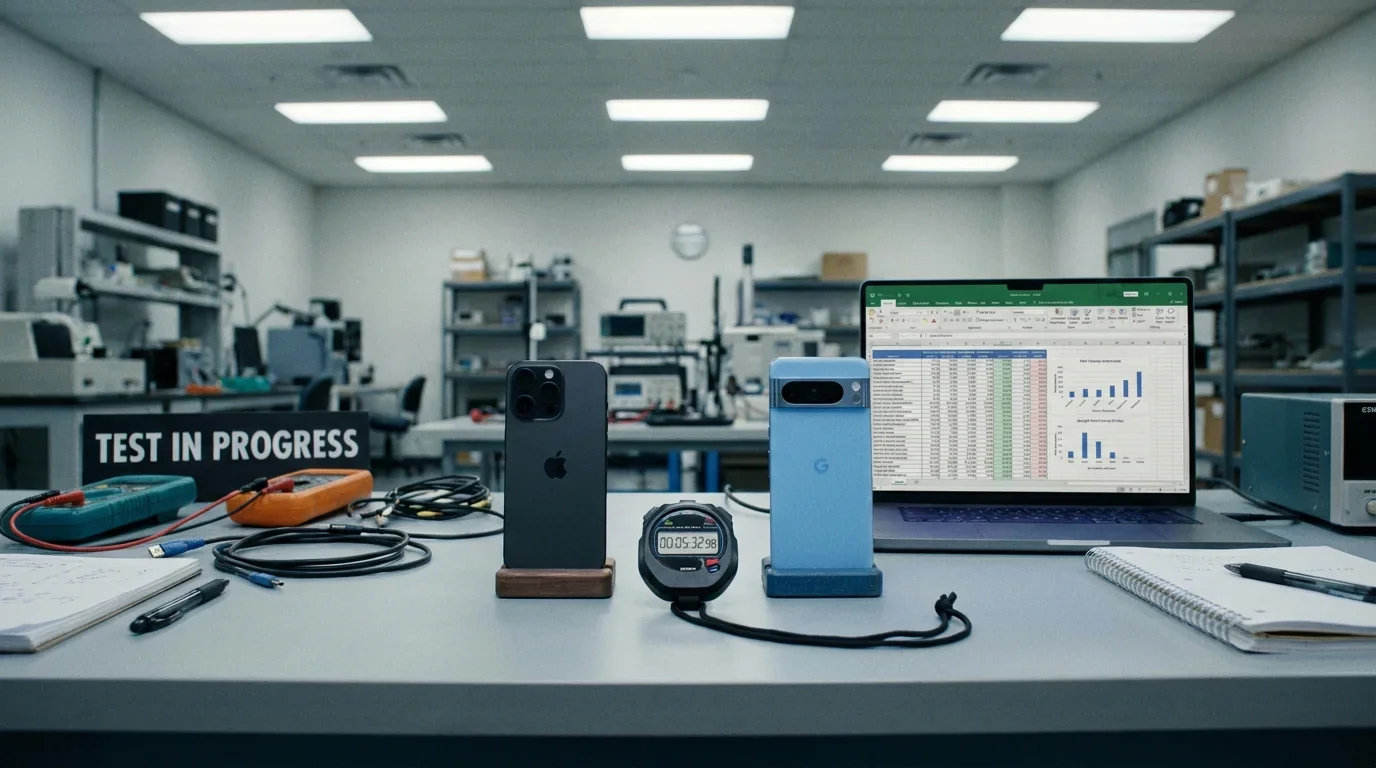 Two smartphones and a stopwatch on a desk during a systematic betting app performance test