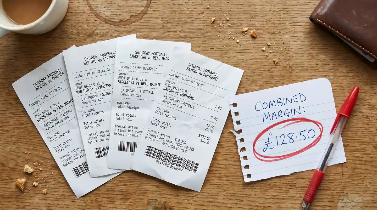 BTTS accumulator showing compounding overround margin across multiple legs