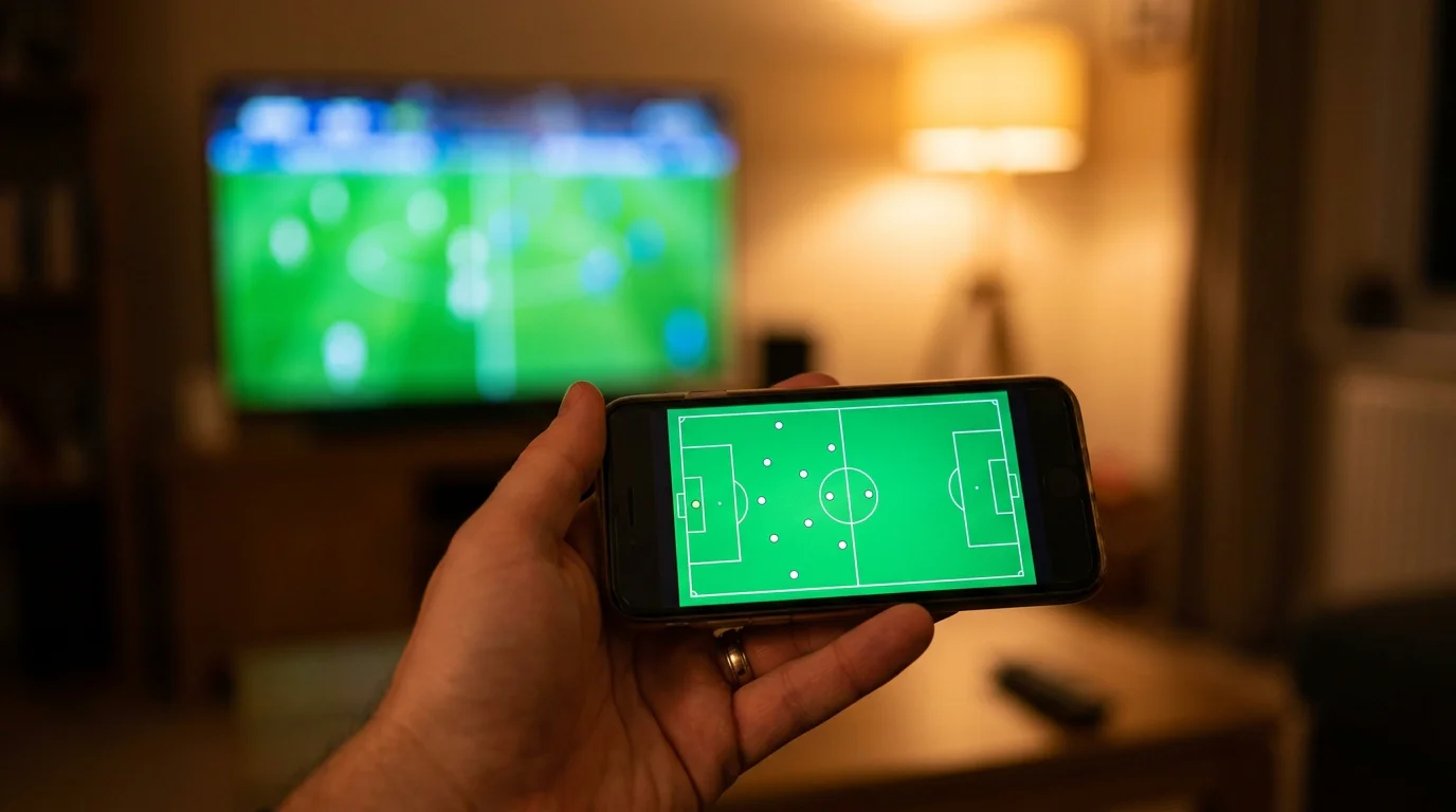 Person watching a live football match while placing an in-play bet on a phone