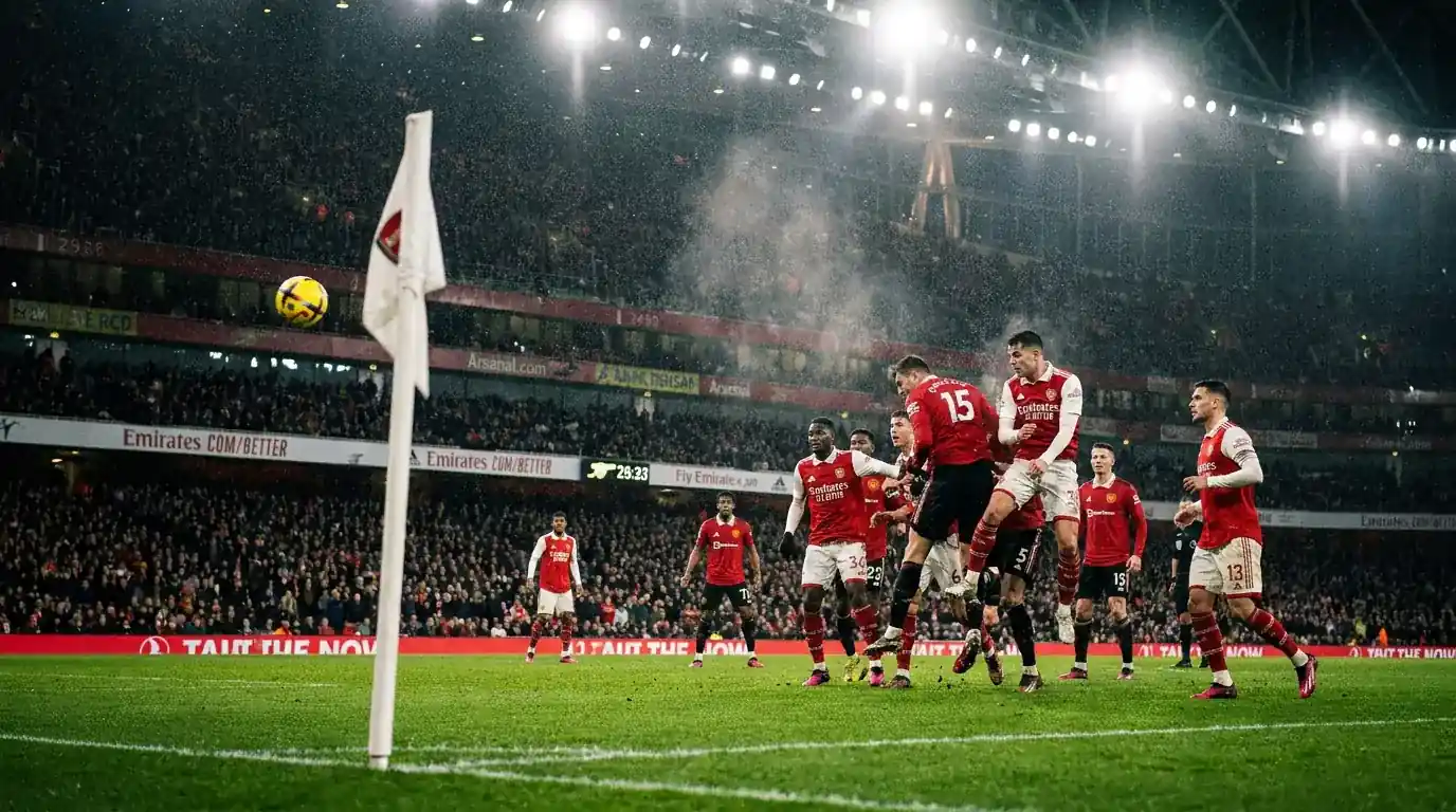 Close-up of a football corner kick during a Premier League match under floodlights