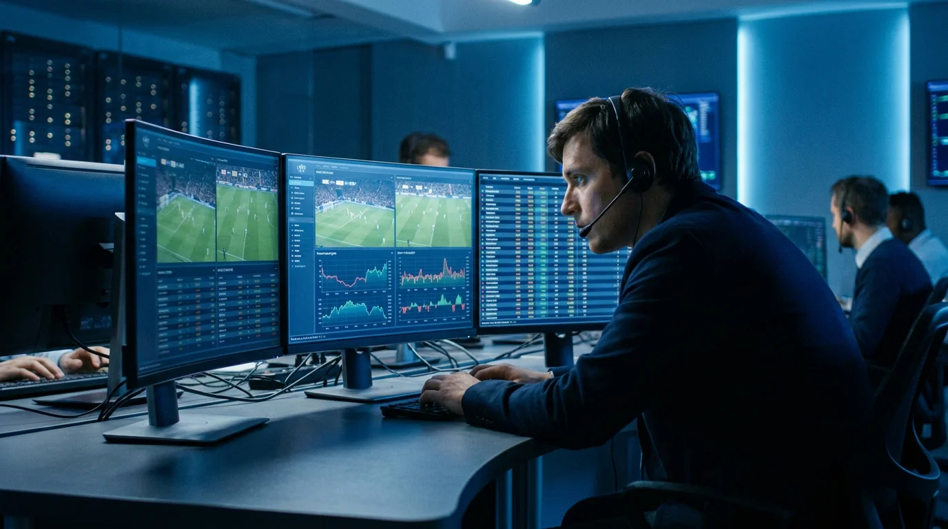 Football data analyst monitoring real-time odds movements on multiple screens