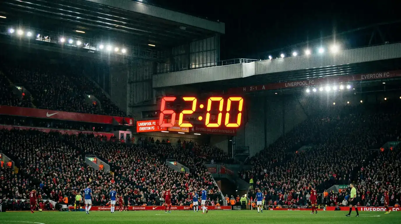 Football stadium clock showing second-half timing with crowd in the background
