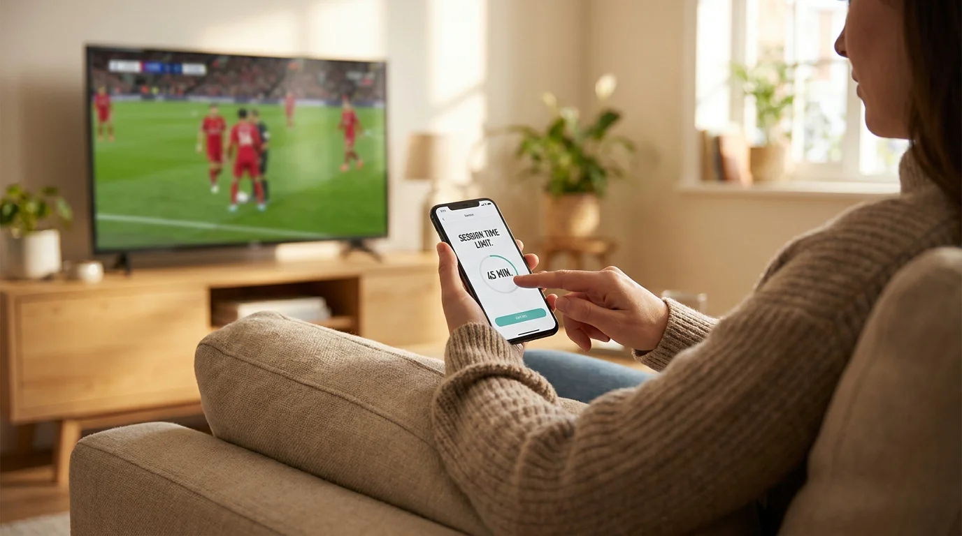 Punter setting time and spend limits on a football betting app before kick-off
