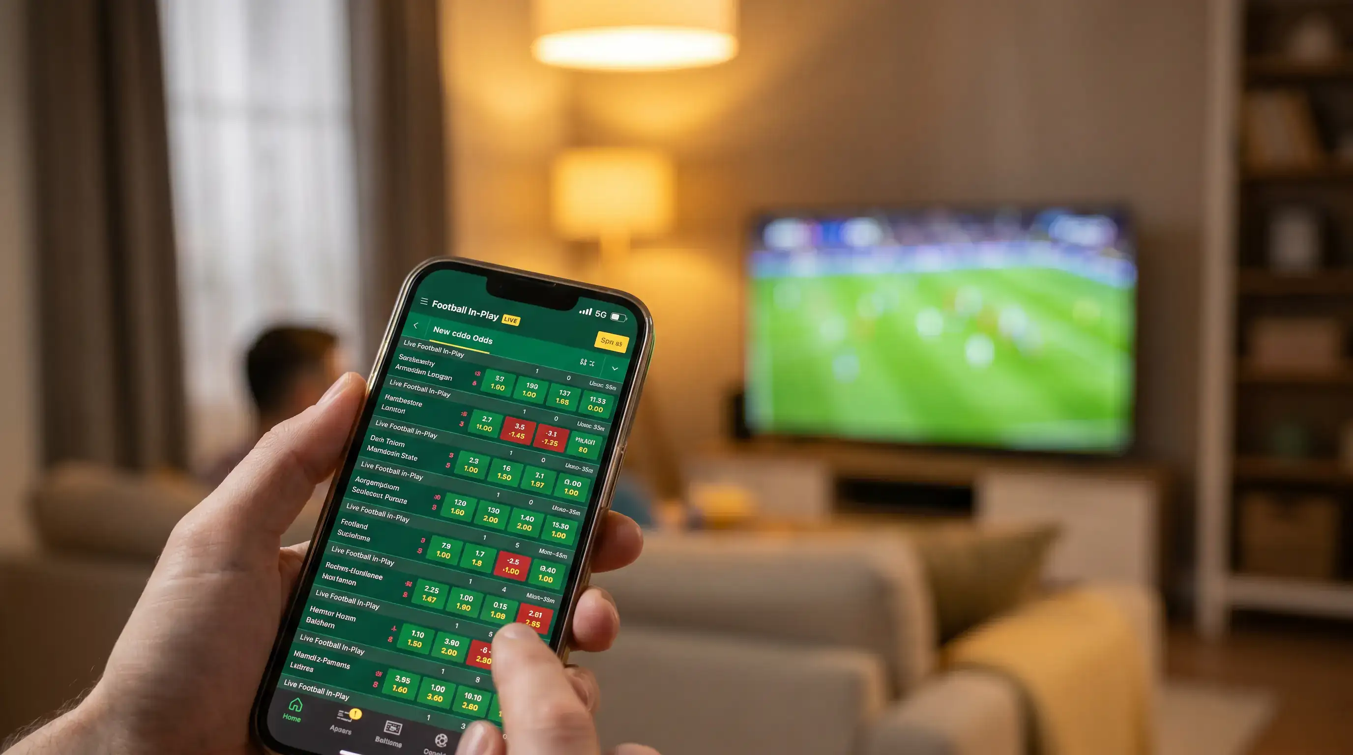 Smartphone on 5G network showing rapid in-play football odds updates