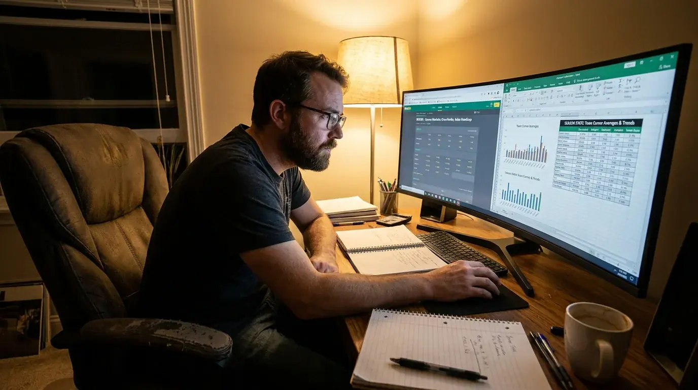 Analyst reviewing niche football market pricing for corners and cards value
