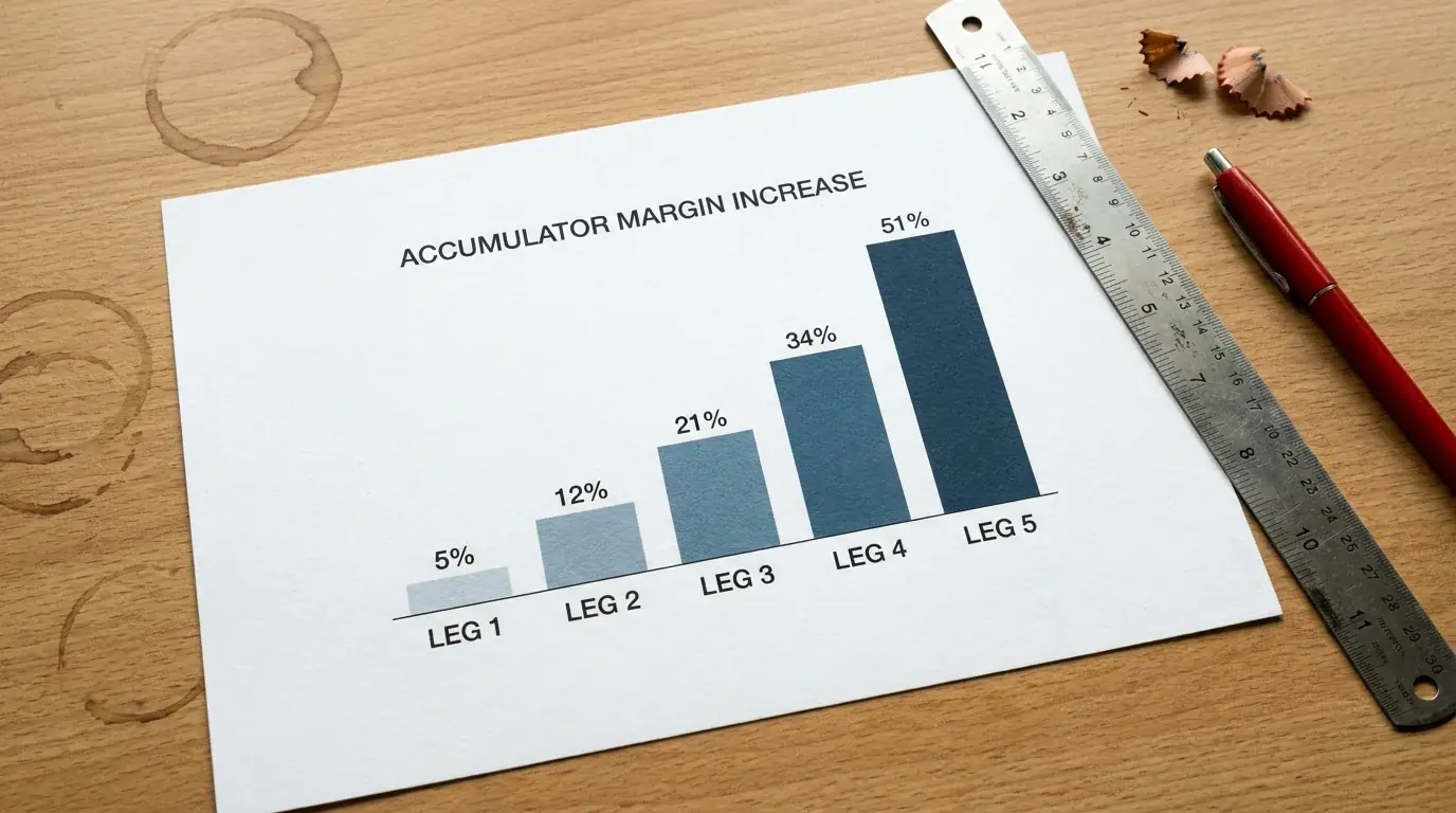 Visual representation of how bookmaker overround compounds across accumulator legs