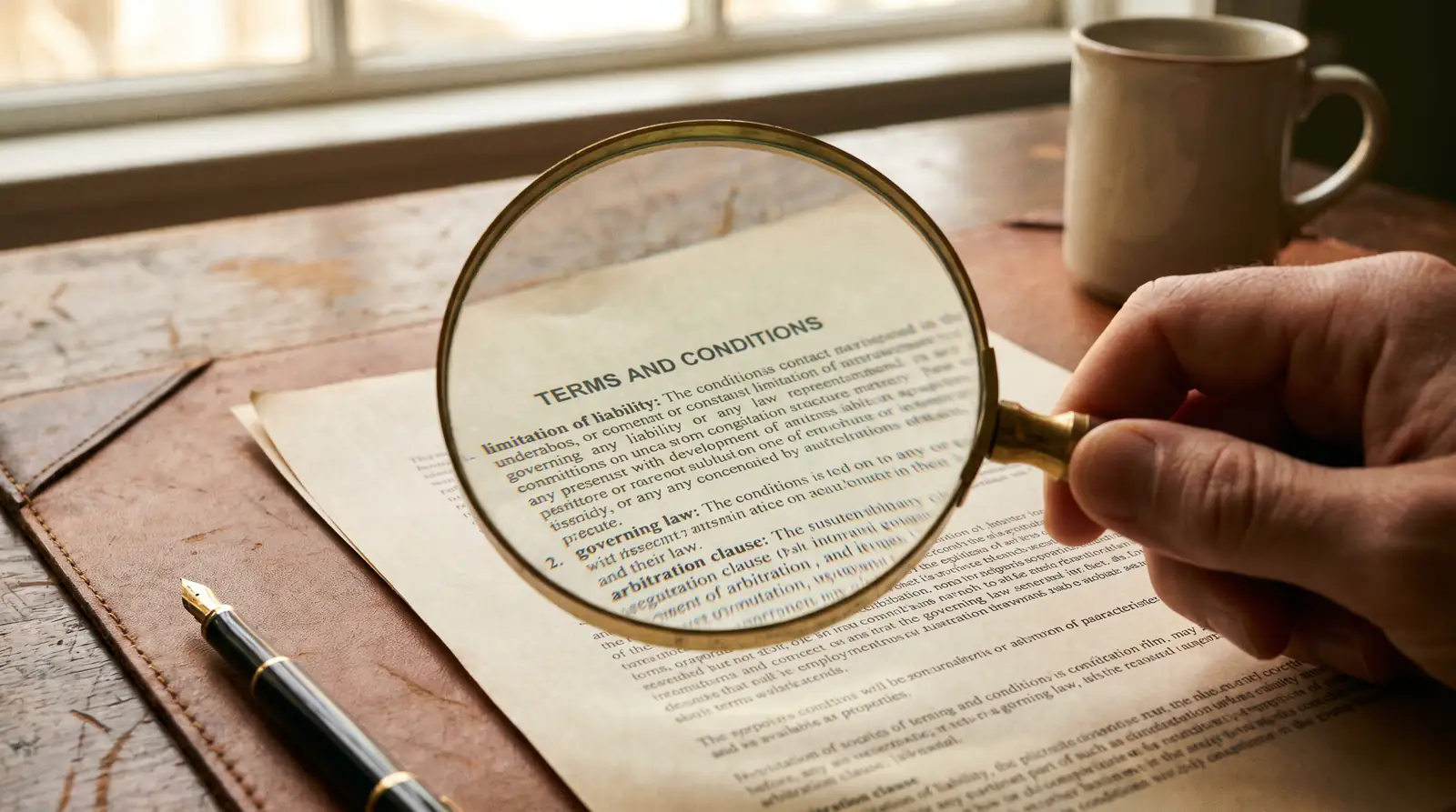 Close-up of terms and conditions text on a betting site with a magnifying glass