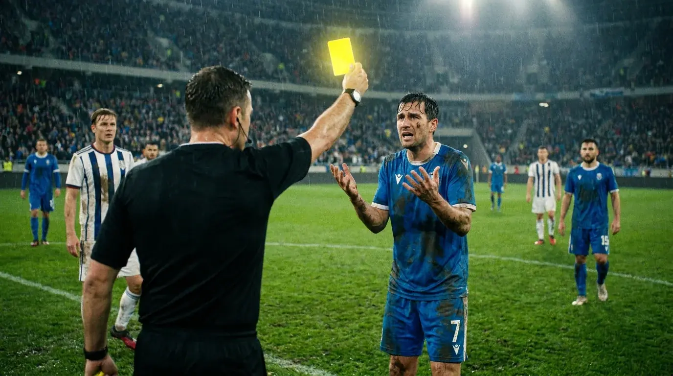 Referee showing yellow card contributing to booking points total in football match