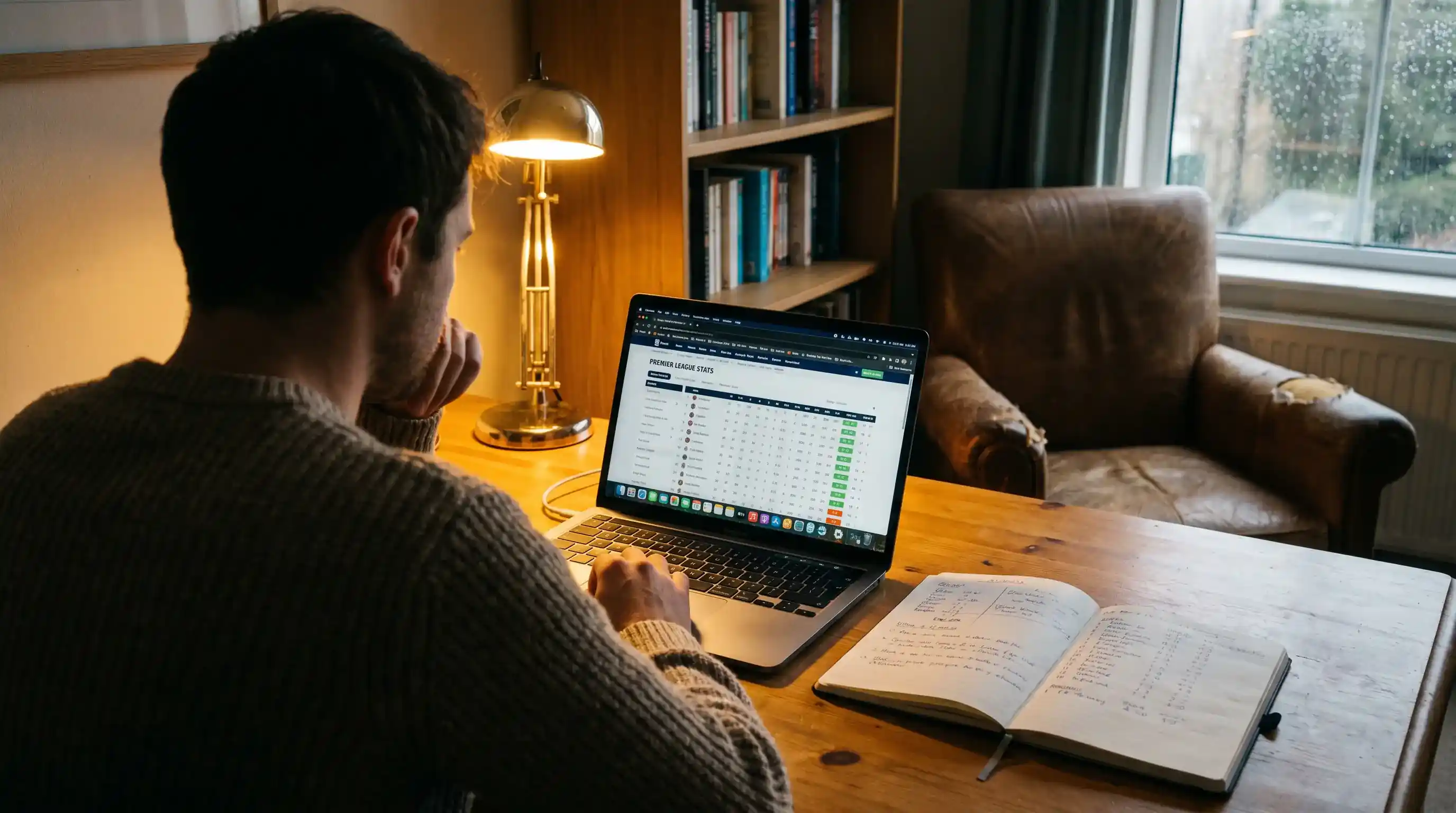 Punter studying football statistics on a laptop to evaluate same-game multi value