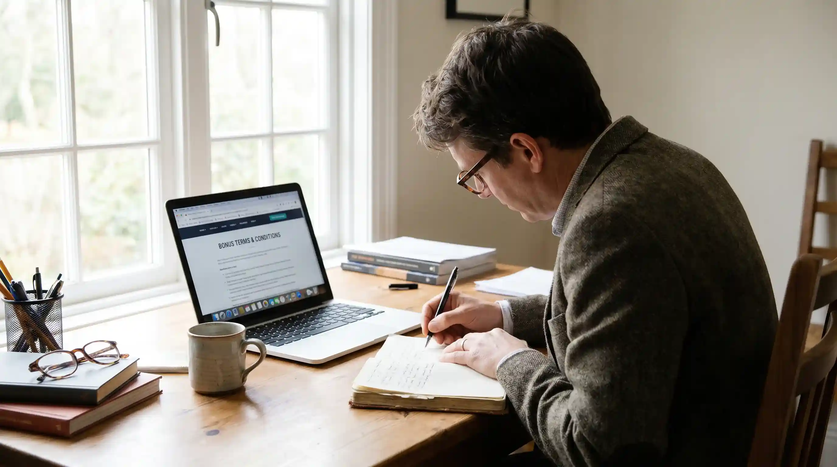 Punter working through bonus wagering requirements with notes beside a laptop