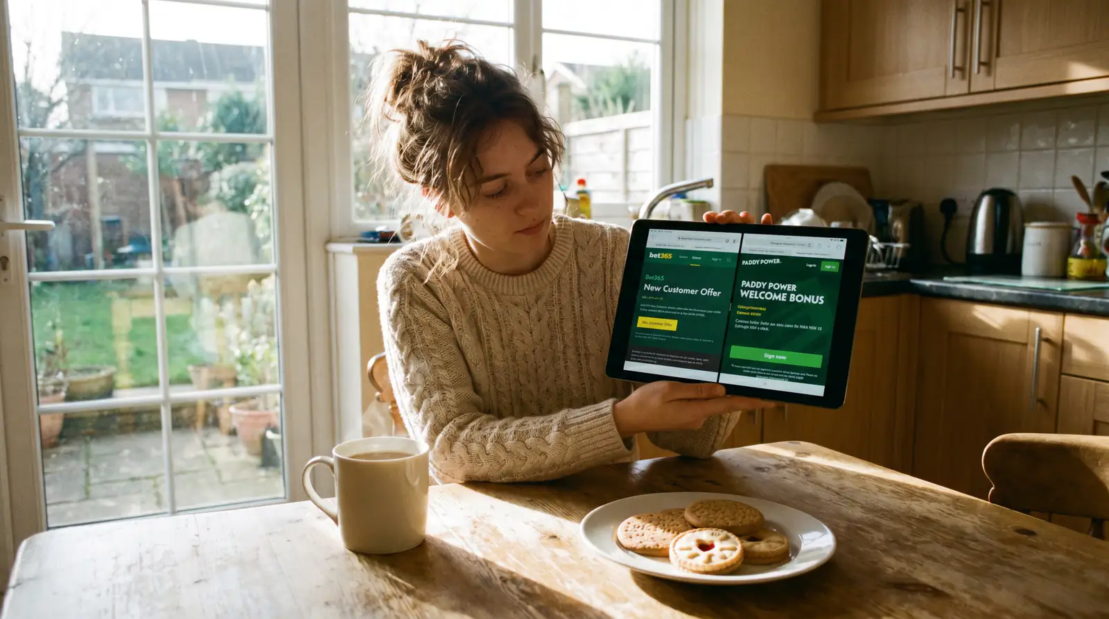 Football fan comparing sign-up offers from different UK sportsbooks on a tablet